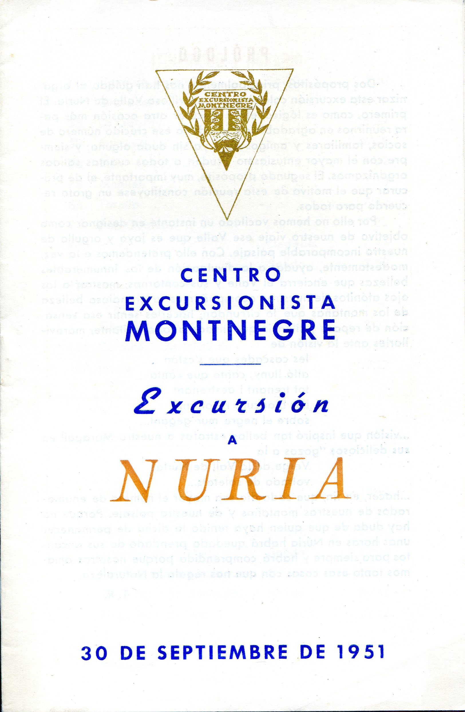 Centro Excursionista Montnegre : Excursión a Nuria : 30 de septiembre 1951 - Portada